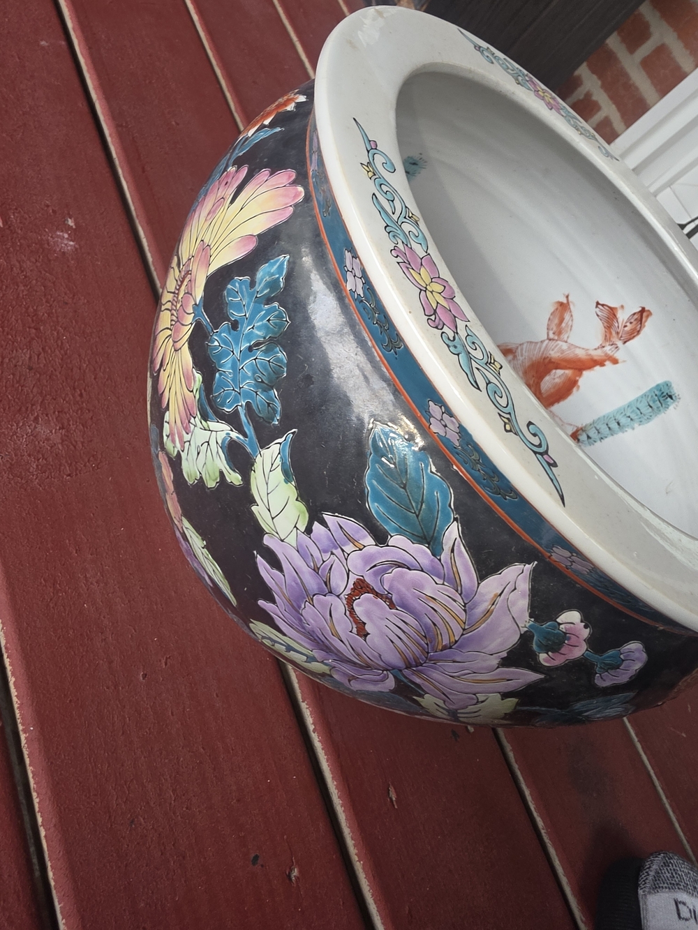 Vintage Rare Decorative Floral Ceramic Planter Bowl in Black and Multicolor